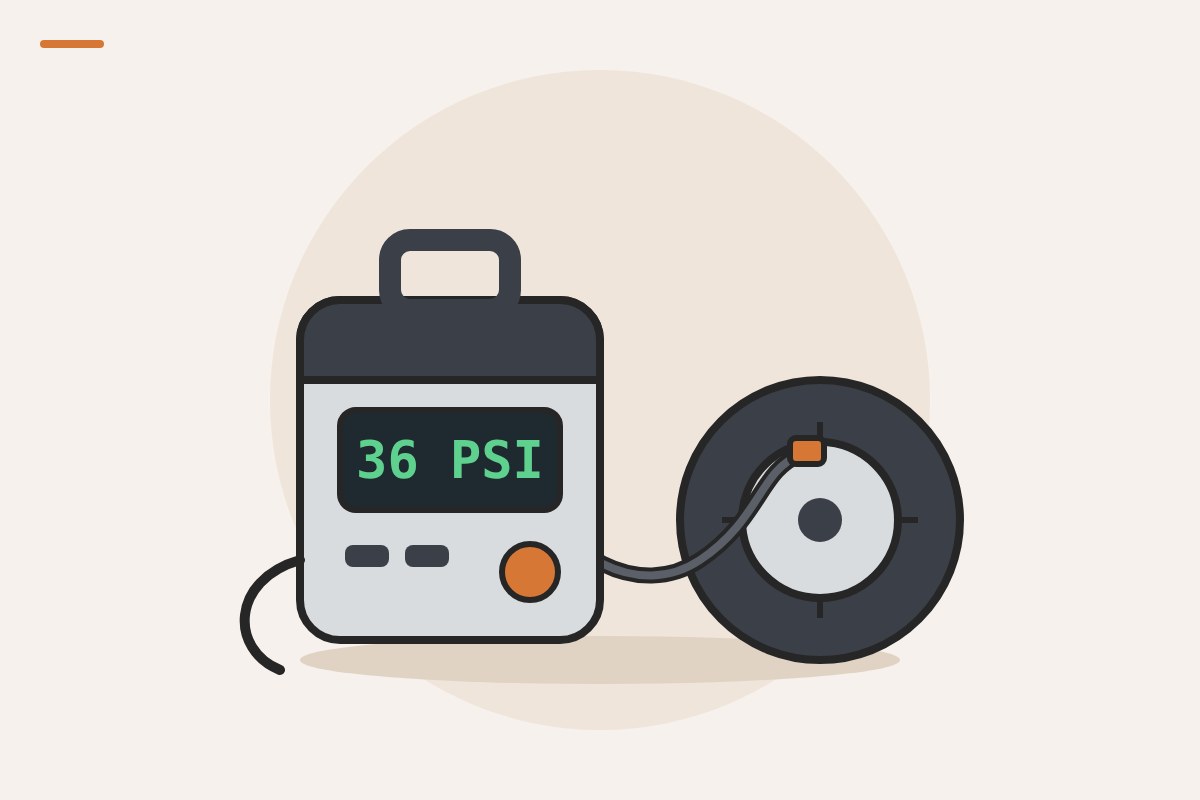 Illustration of a portable tire inflator with a digital gauge, hose connected to a tire