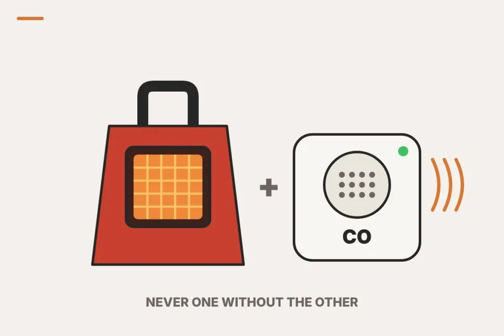 Illustration of a portable propane heater next to a battery-powered carbon monoxide alarm