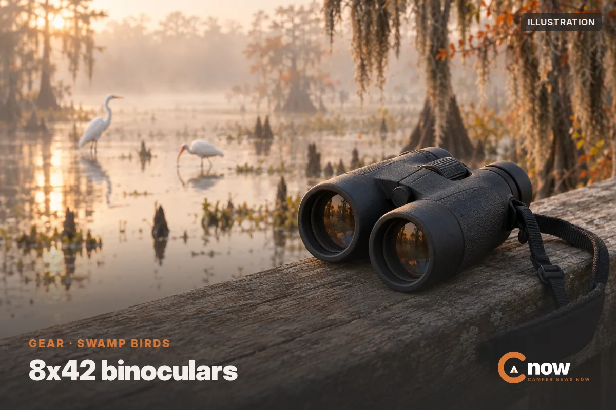 Illustration of black binoculars on a boardwalk rail above a misty cypress swamp with wading birds