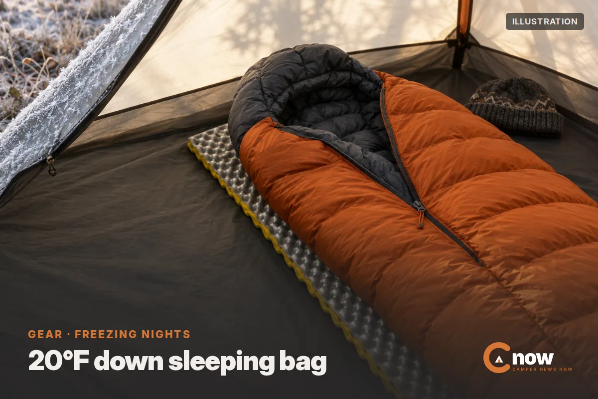 Illustration of an orange down mummy sleeping bag on a dimpled foam pad inside a tent