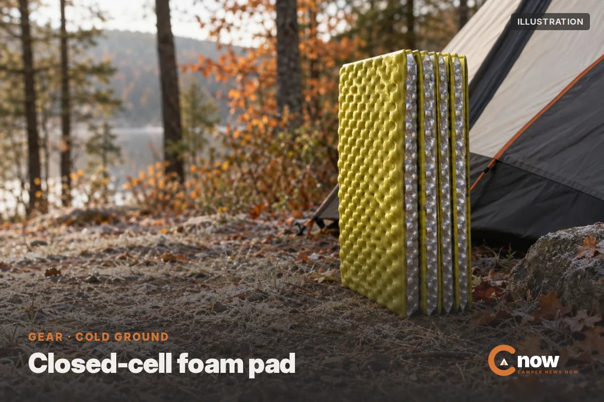 Illustration of a folded yellow and silver foam sleeping pad on frosty ground beside a tent