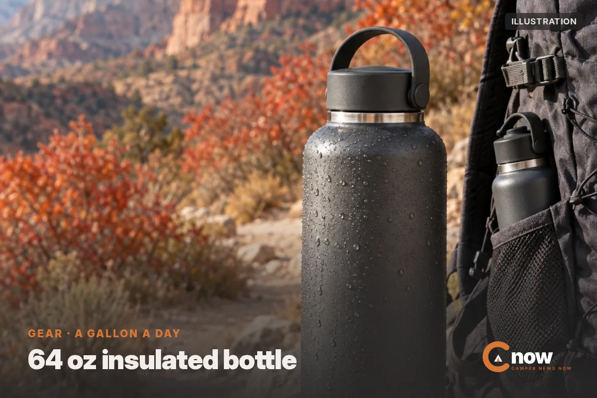 Illustration of a large charcoal insulated water bottle on a rock beside a desert trail