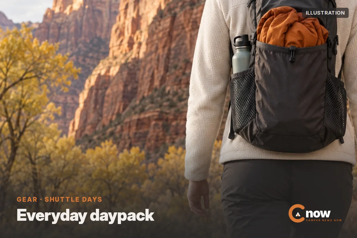 Illustration of a hiker wearing a charcoal daypack with a water bottle and an orange jacket, walking toward red canyon walls