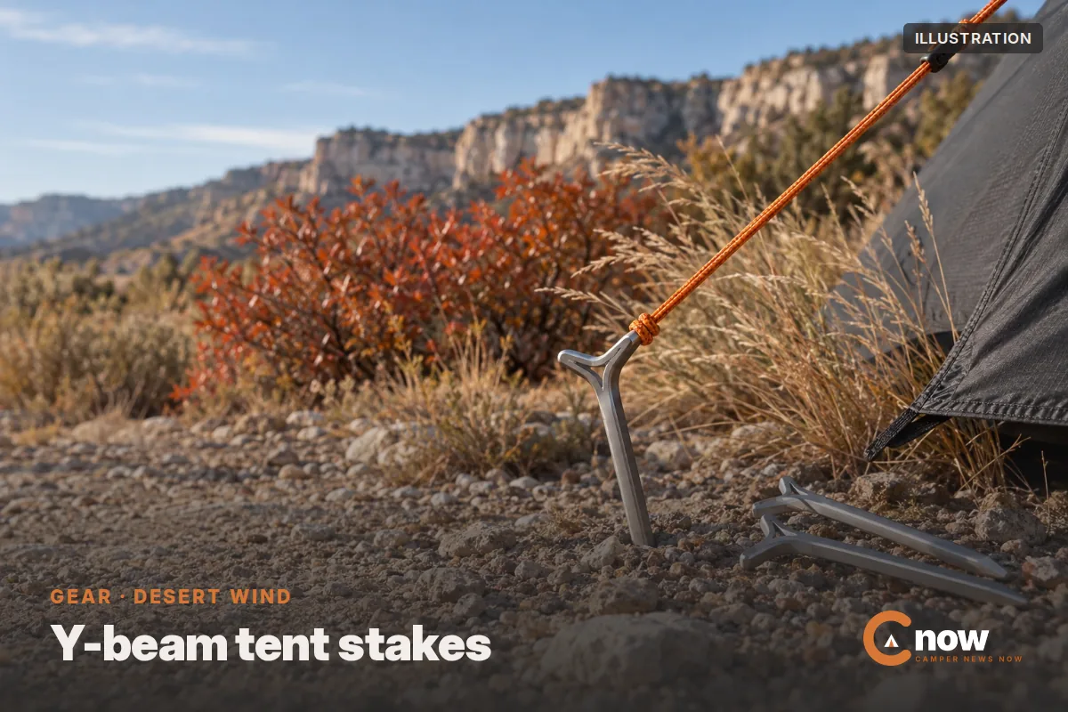 Illustration of an aluminum tent stake holding an orange guyline in desert gravel
