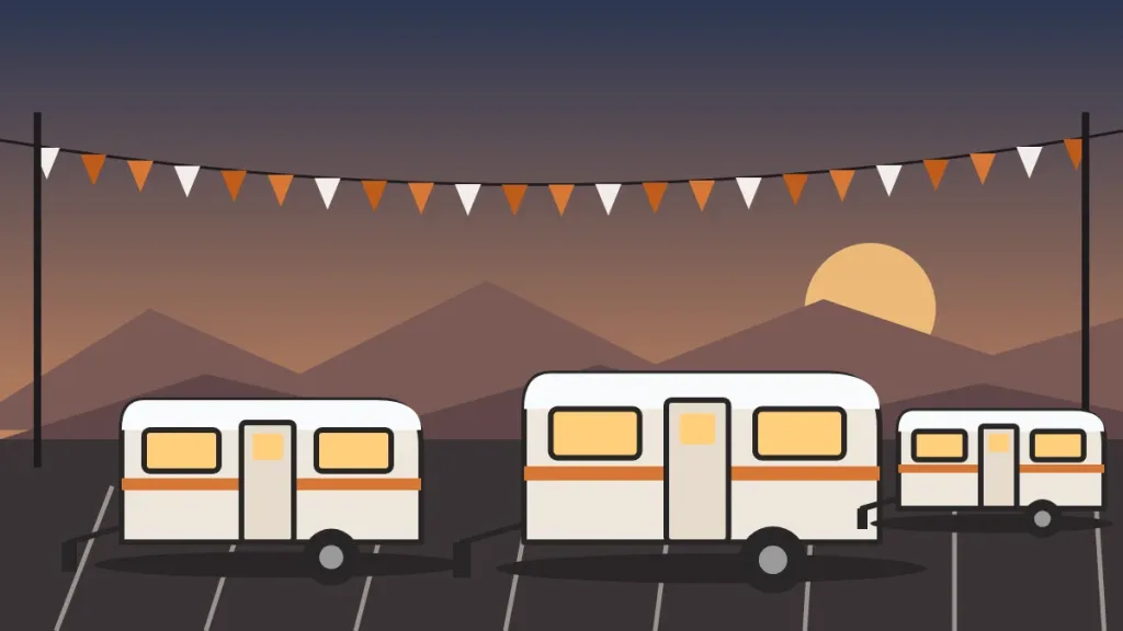 Illustrated RV dealer lot at sunset with three travel trailers under a string of orange and white pennants