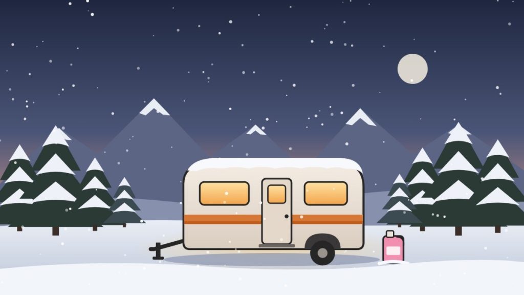 Illustration of a travel trailer parked in snow at night with a jug of pink RV antifreeze beside it