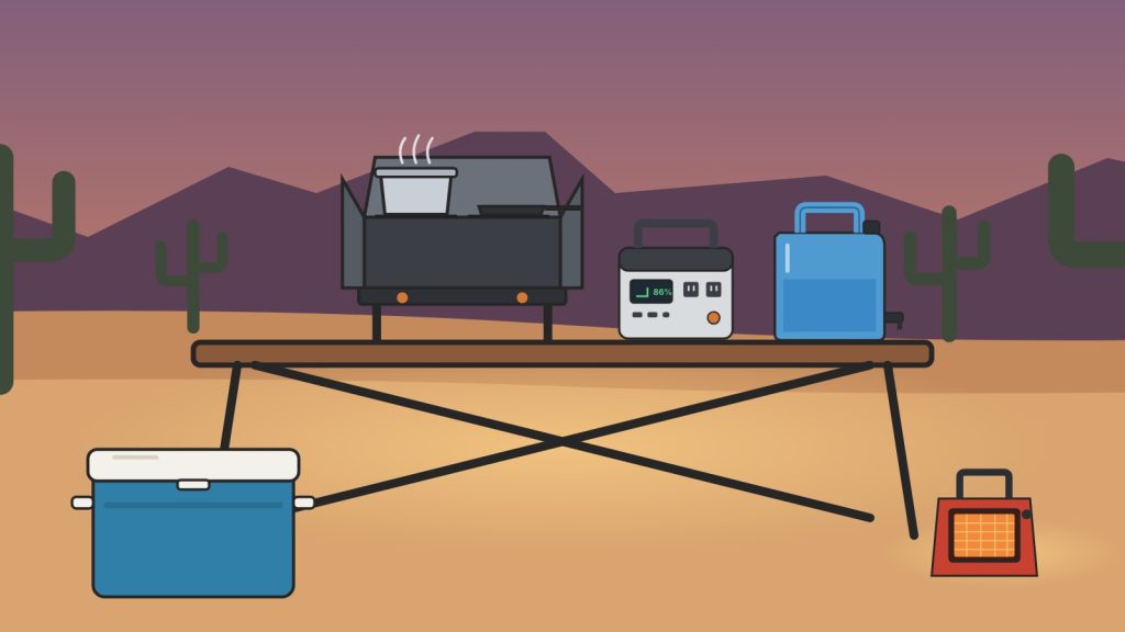 Illustration of a desert campsite at dusk with a two-burner camp stove, power station and water jug on a folding table, a cooler and a propane heater beside it