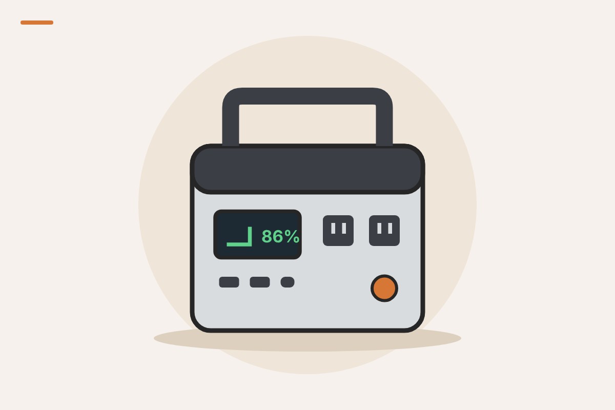 Illustration of a portable power station with a carry handle, screen and AC outlets