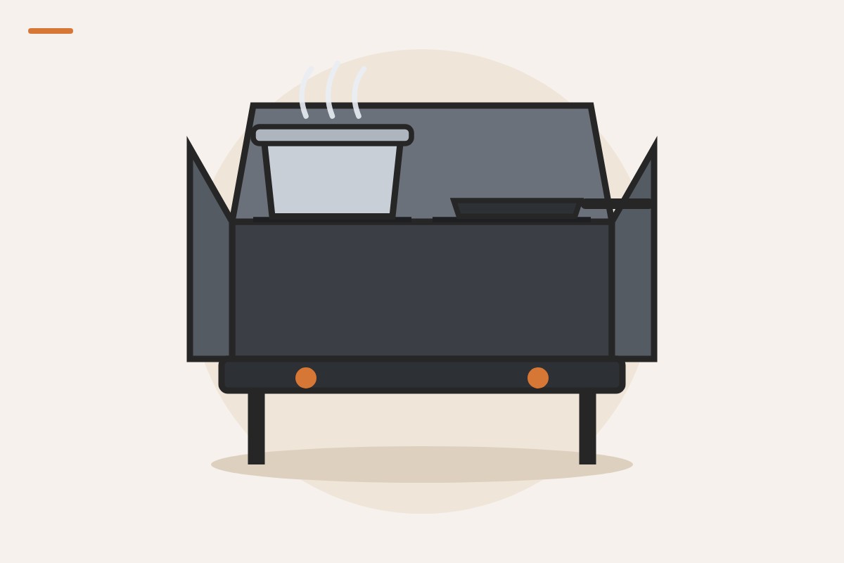 Illustration of a two-burner propane camp stove with a steaming pot and a pan