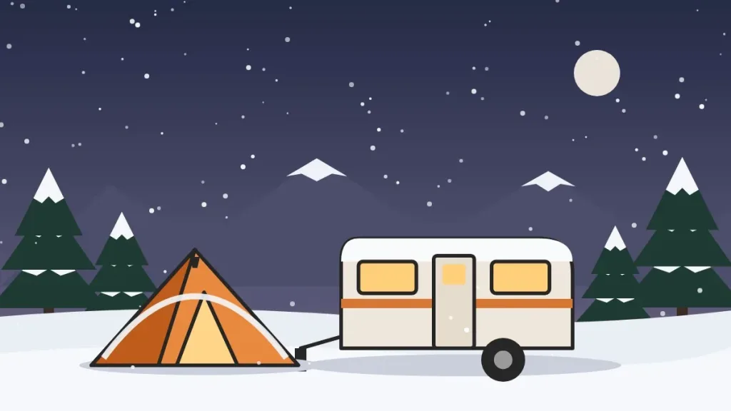 Illustration of an orange tent and a small travel trailer in the snow under a starry winter sky