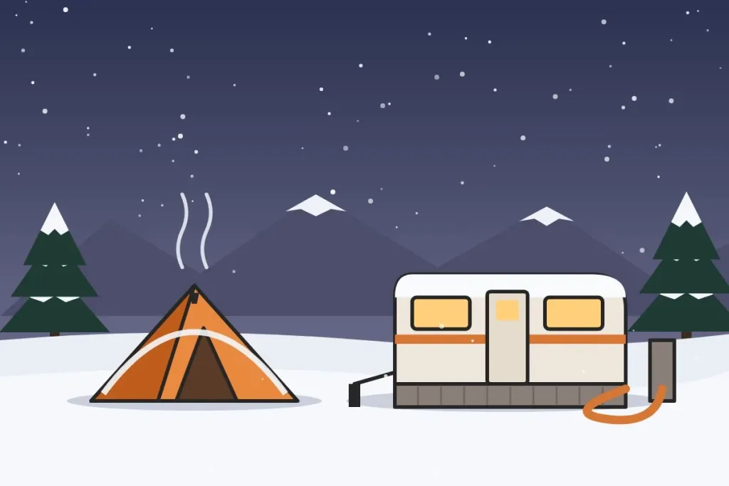 Illustration of a vented tent and a skirted travel trailer with a heated water hose in a snowy campground