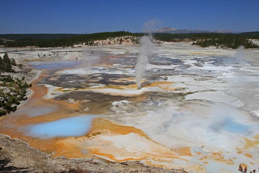 Steam rises over milky blue pools and orange mineral flats at Porcelain Springs in Norris Geyser Basin, Yellowstone National Park