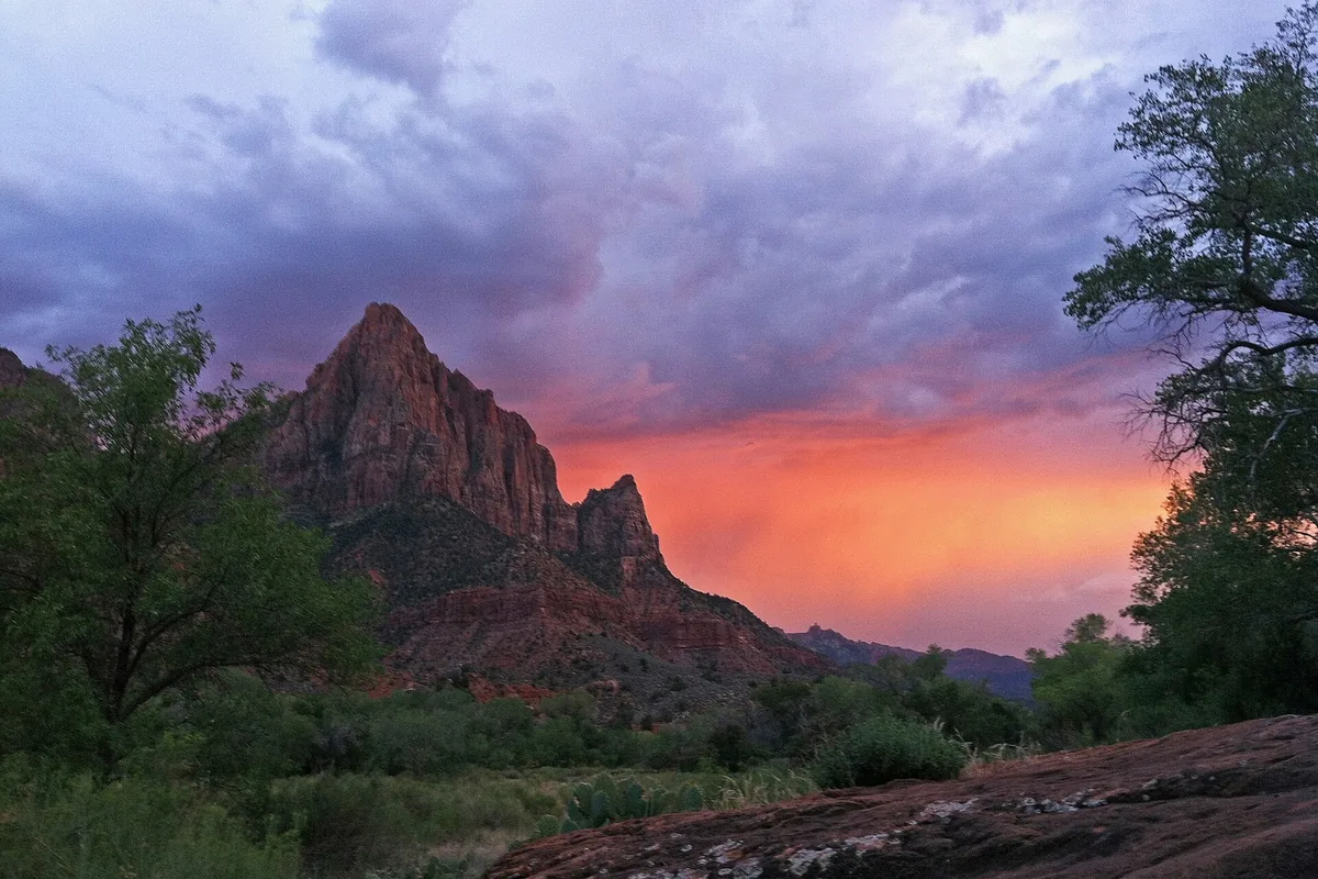 The Watchman above the Virgin River at sunset in Zion National Park